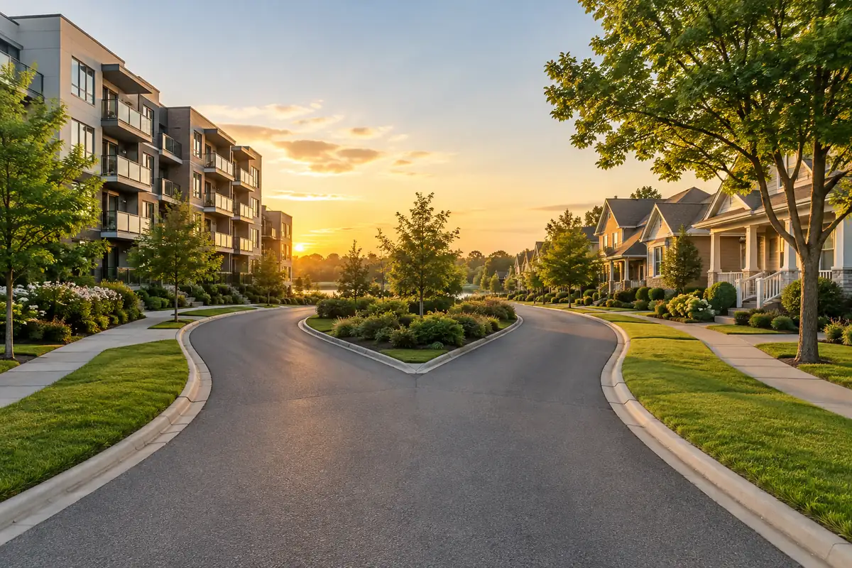 A road splitting in two at sunset, one way lined with apartment buildings and the other with single-family houses