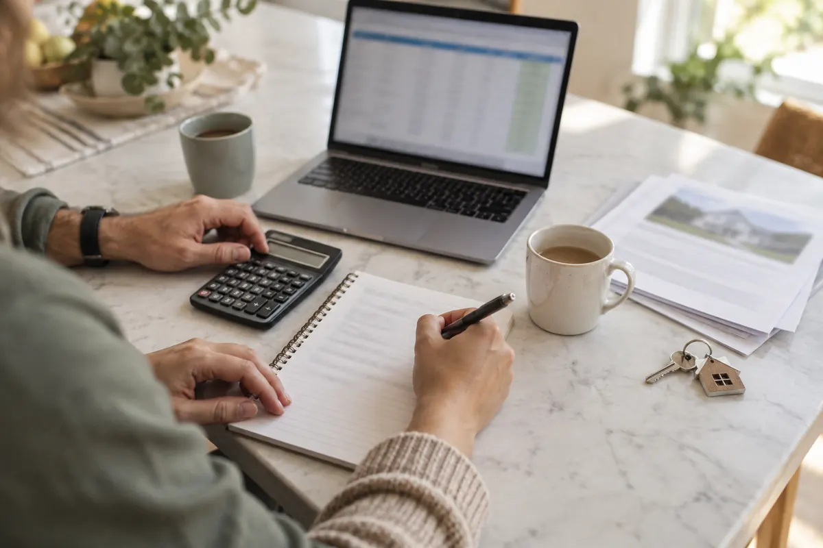 Two people at a kitchen table comparing housing costs with a calculator, a notebook and a spreadsheet on a laptop, with a house key beside a printed listing